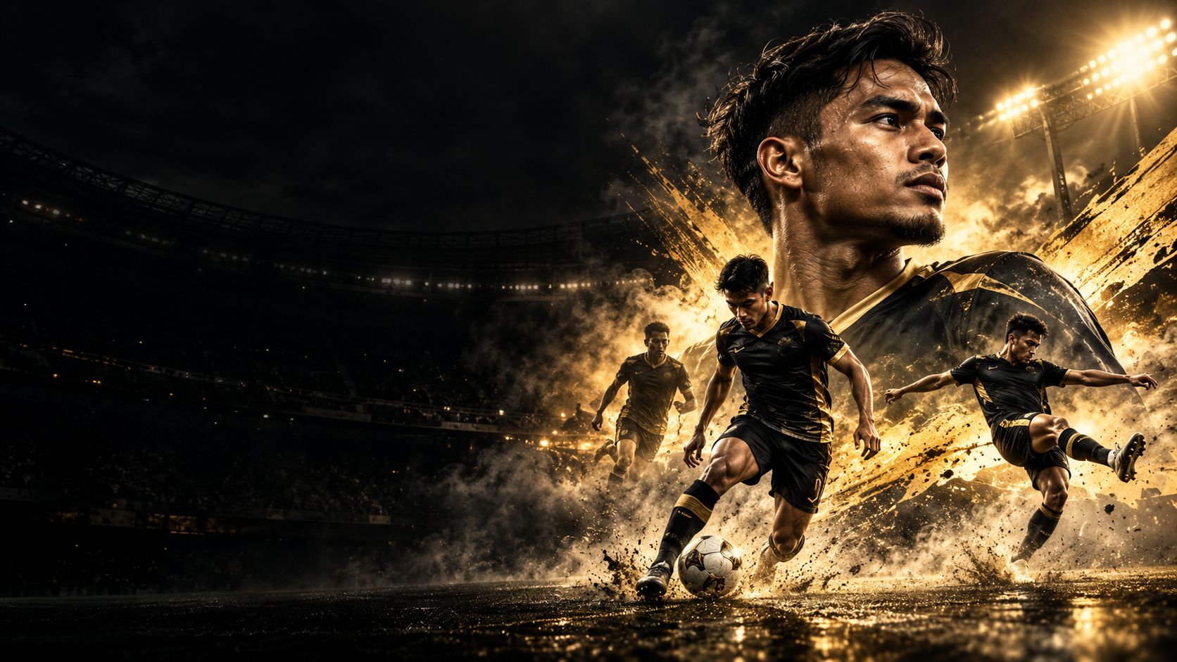 Ilustrasi pemain bola sepak berjersey hitam dan emas di stadium
